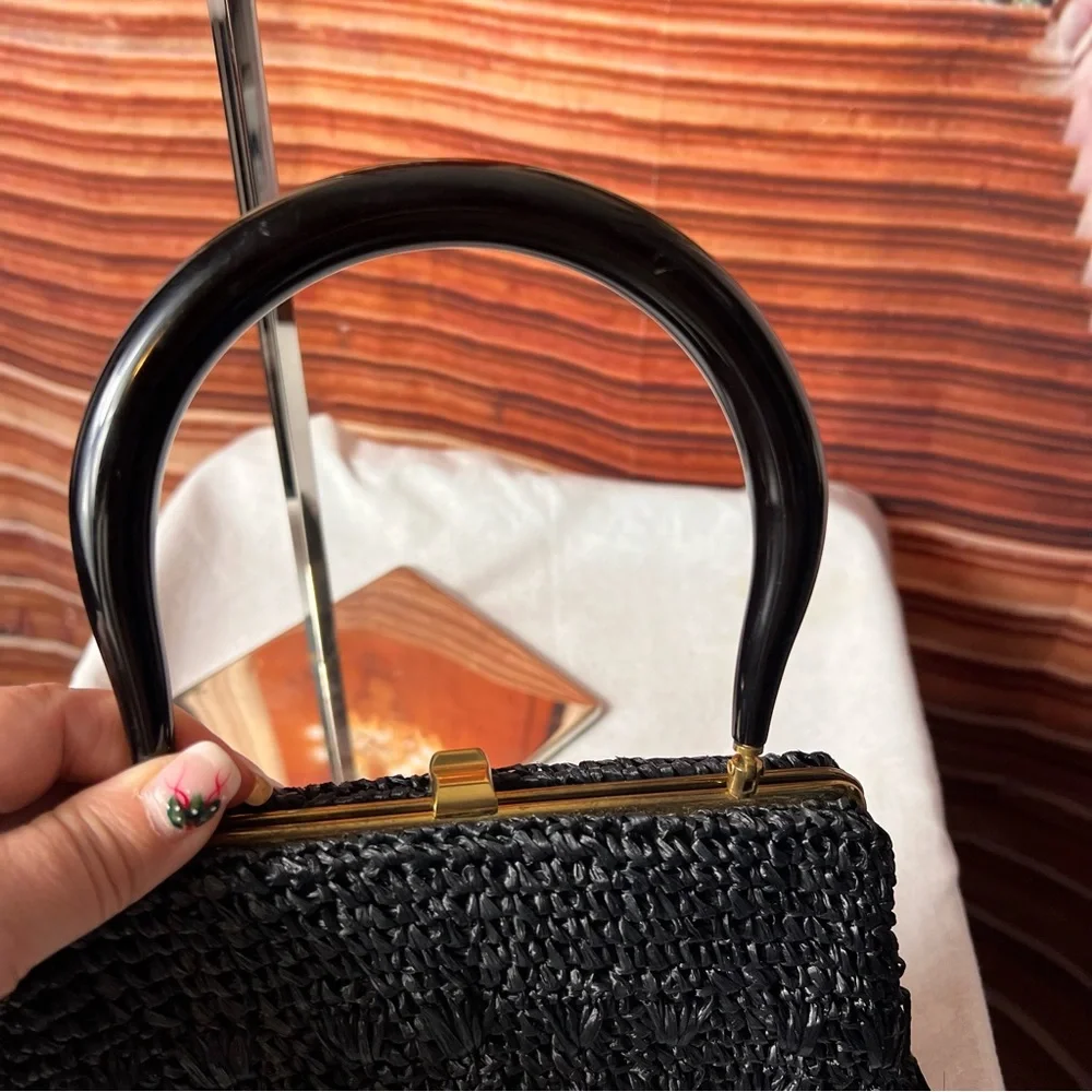 Vintage 1960s Morris Moskowitz Black Raffia Woven Handbag with Lucite Handles